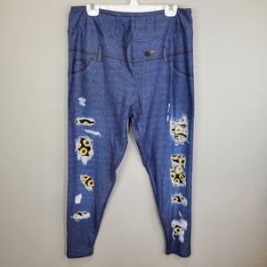 Dren Designs Faux Distressed Dark Denim Sunflower Accents Leggings Extended Size